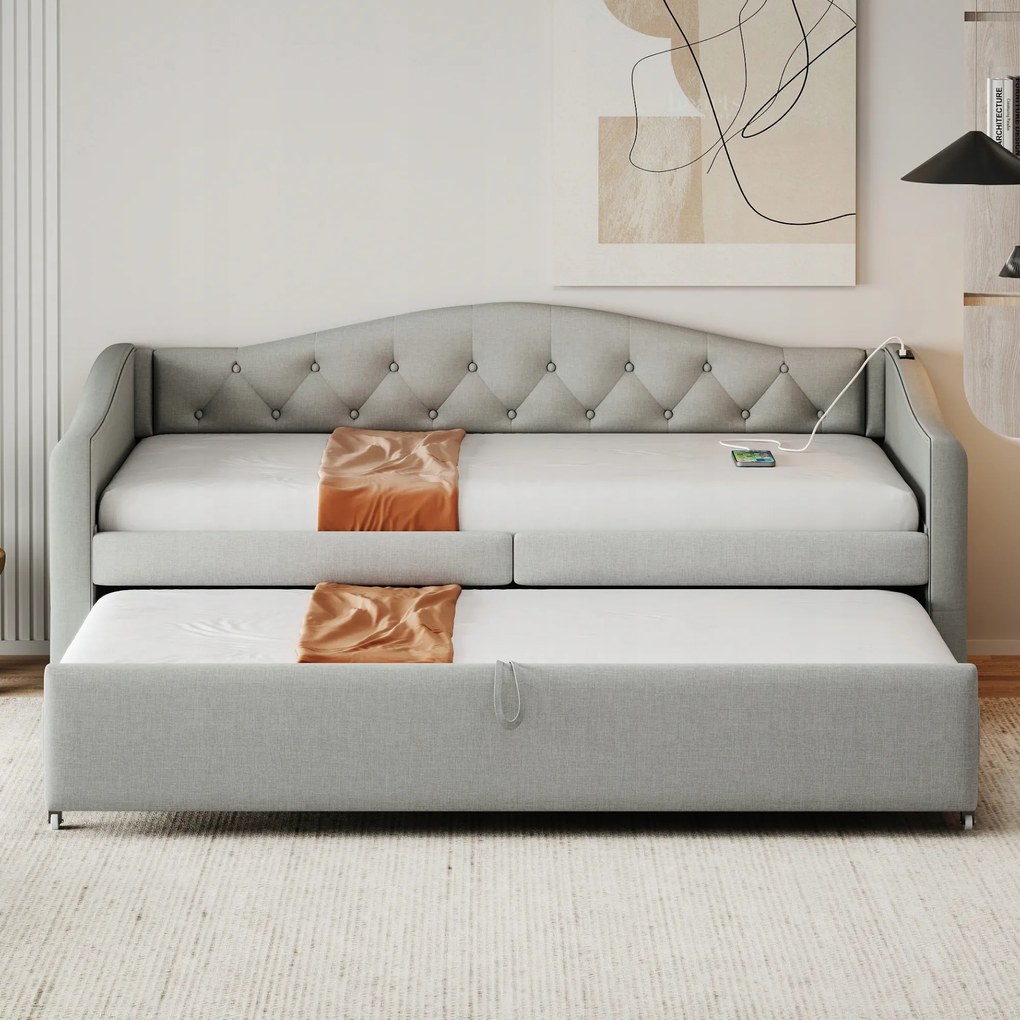 Kárpitozott ágy Gyerekágy Kihúzható ágy 90x200cm Usb szürke