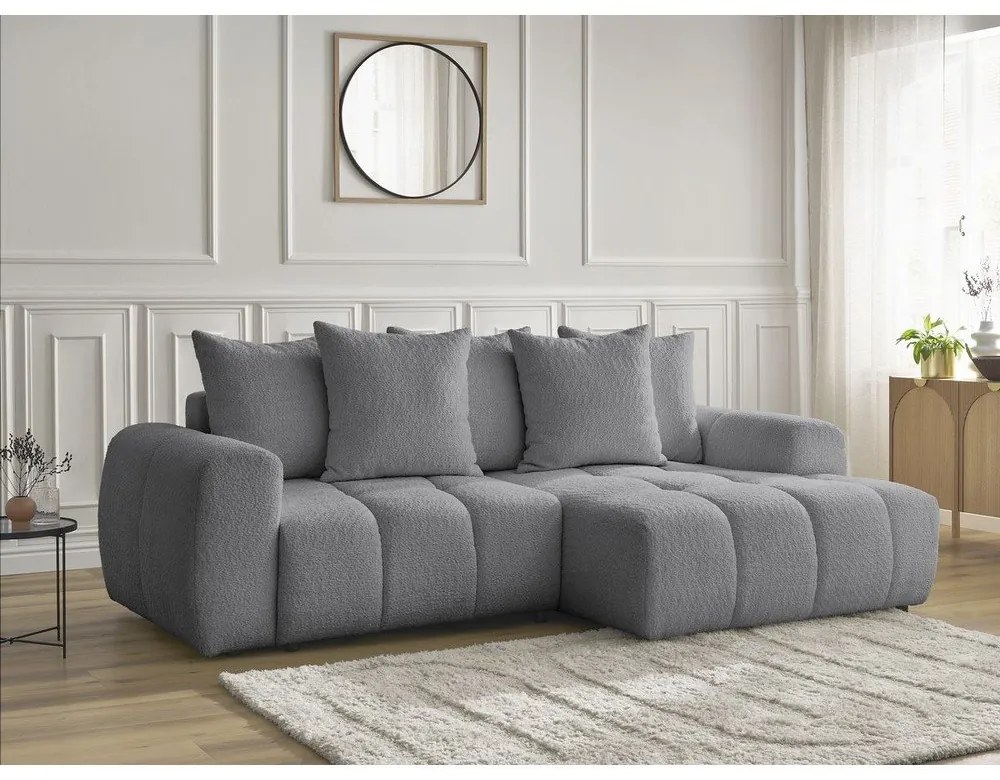 Szürke buklé kinyitható-tárolóhelyes sarokkanapé (jobb oldali-heverő résszel) Roxelane – Bobochic Paris