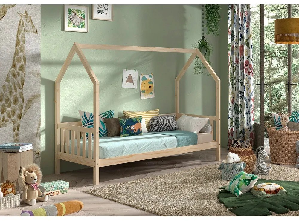 Natúr színű házikó alakú borovi fenyő gyerekágy ágyráccsal 90x200 cm Cabane – Vipack