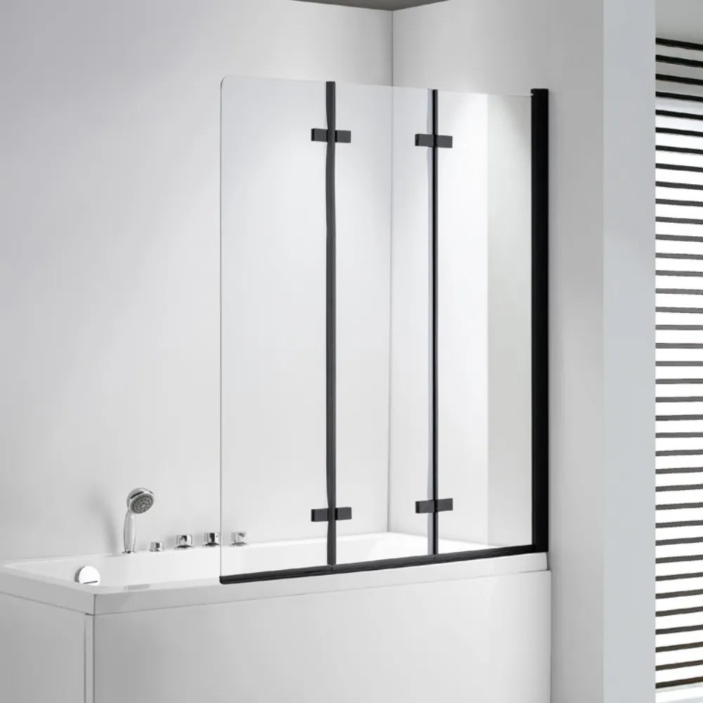 Stuxi Ravenna Black 120x140 összecsukható 3 szárnyú kádparaván 6 mm vastag vízlepergető biztonsági üveggel, fekete elemekkel
