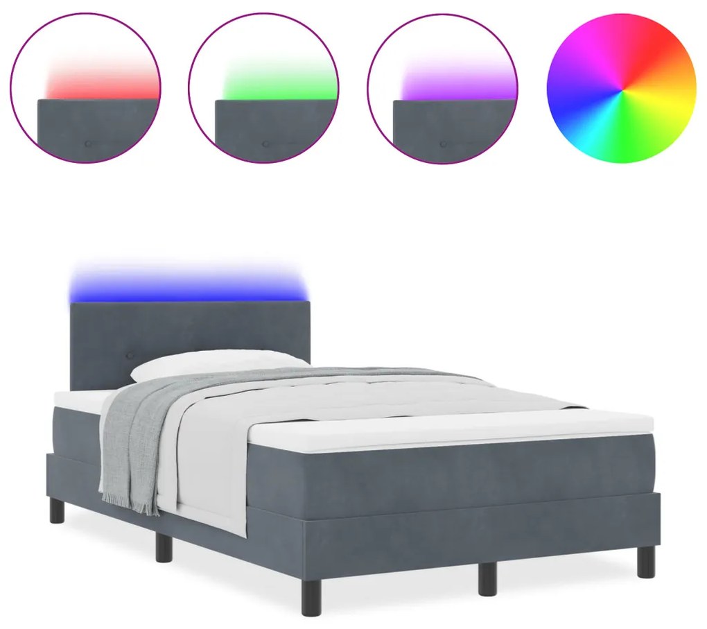 Boxspring ágy matraccal és LED lámpával, sötétszürke, 120x200 cm, bársonyos