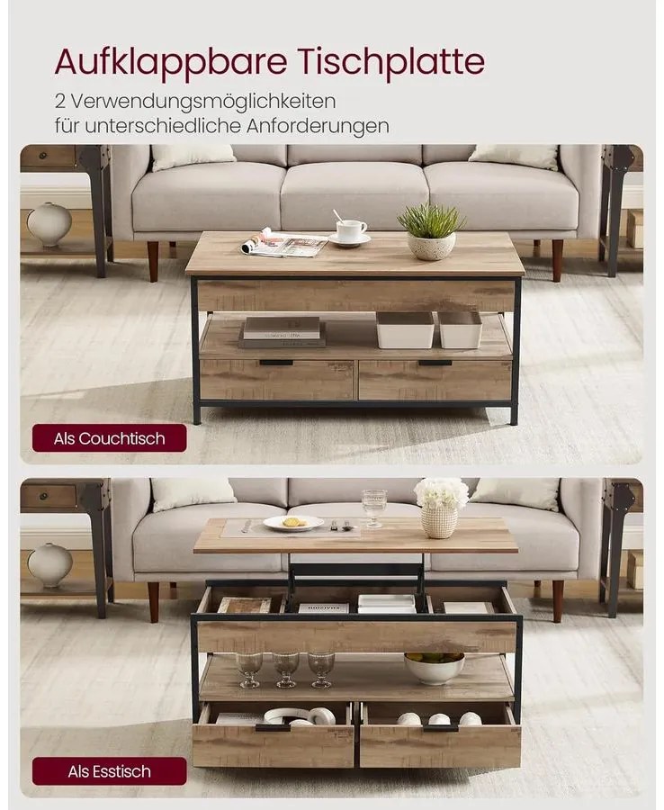 VASAGLE magasságban állítható dohányzóasztal, 50 × 100 cm, karamellbarna–tintafekete színben