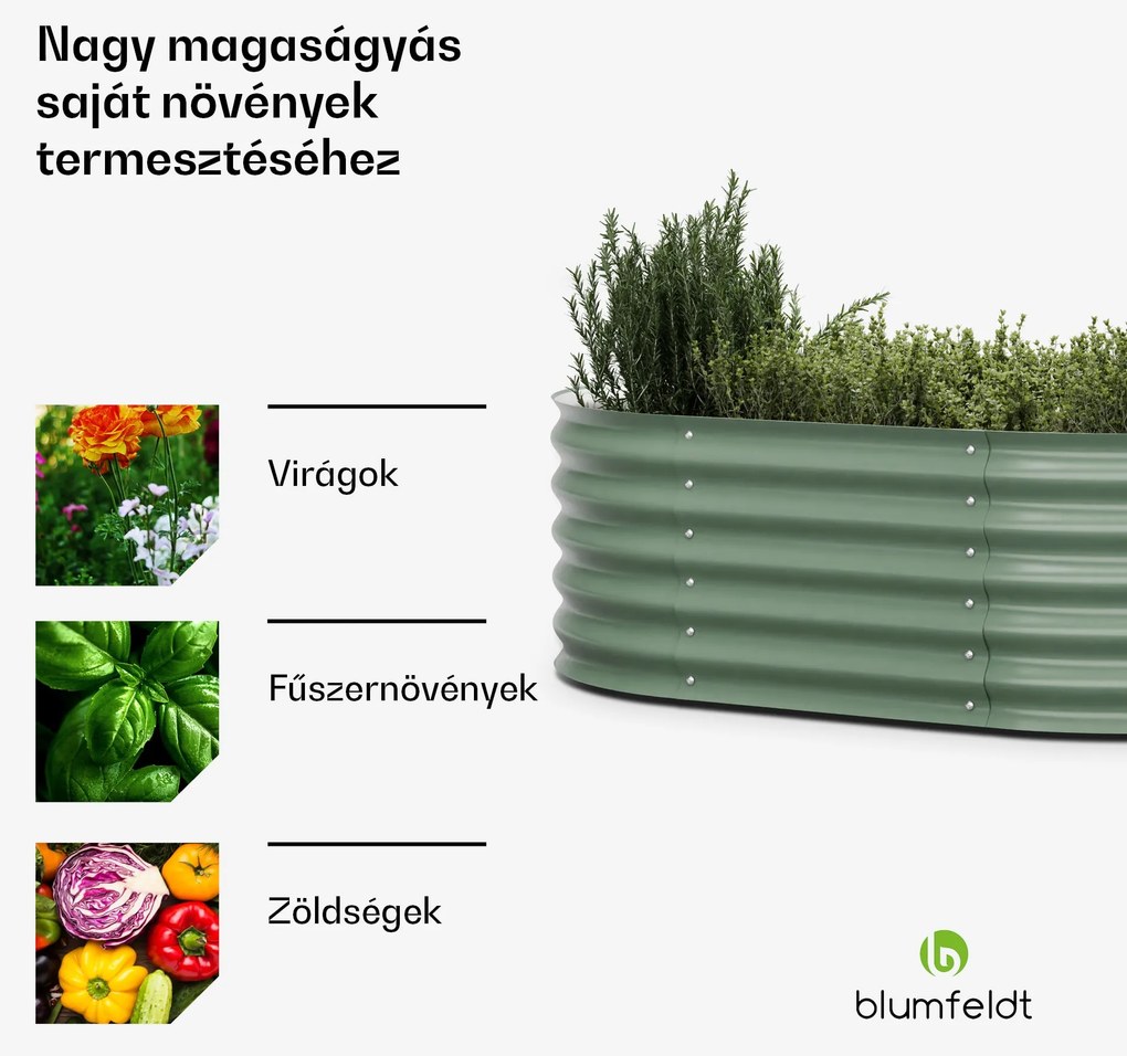 High Grow Extended, magaságyás, 150 x 43 x 60 cm, hullámos acéllemezből, egyszerű összeszerelés, rozsda- és fagyálló