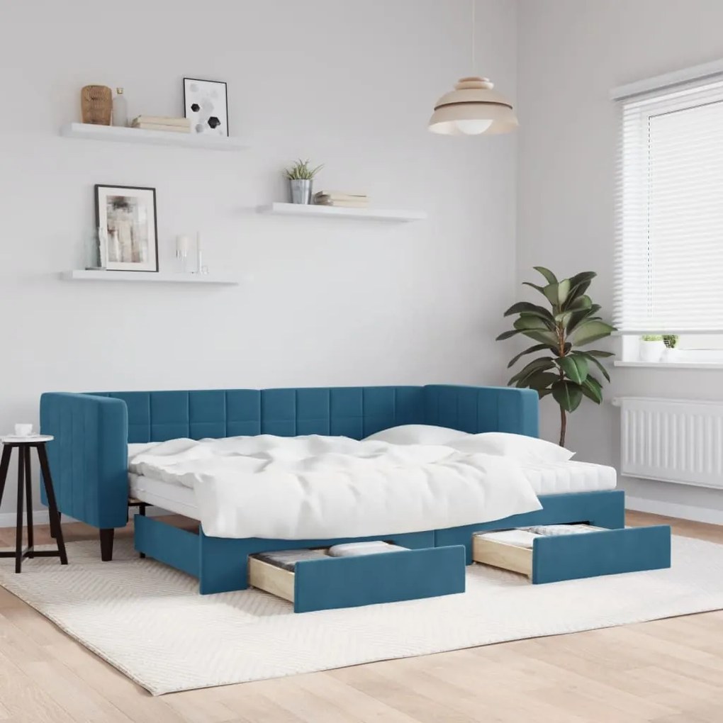 kék kihúzható bársony heverő fiókokkal 80 x 200 cm