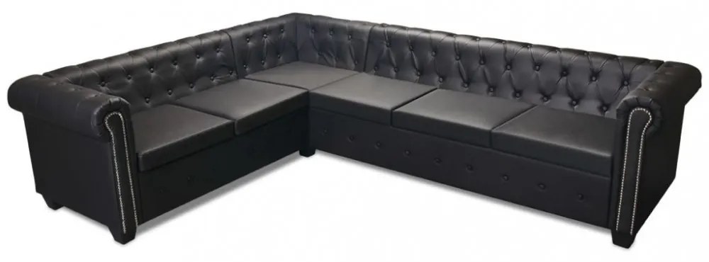 6 személyes fekete műbőr Chesterfield sarok kanapé