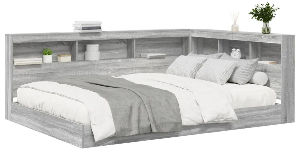 vidaXL Könyvespolcos Ágy tárolóval Szürke sonoma 160 x 200 cm Faanyag