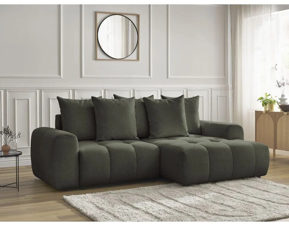 Khaki zsenília kinyitható-tárolóhelyes sarokkanapé (jobb oldali-heverő résszel) Roxelane – Bobochic Paris