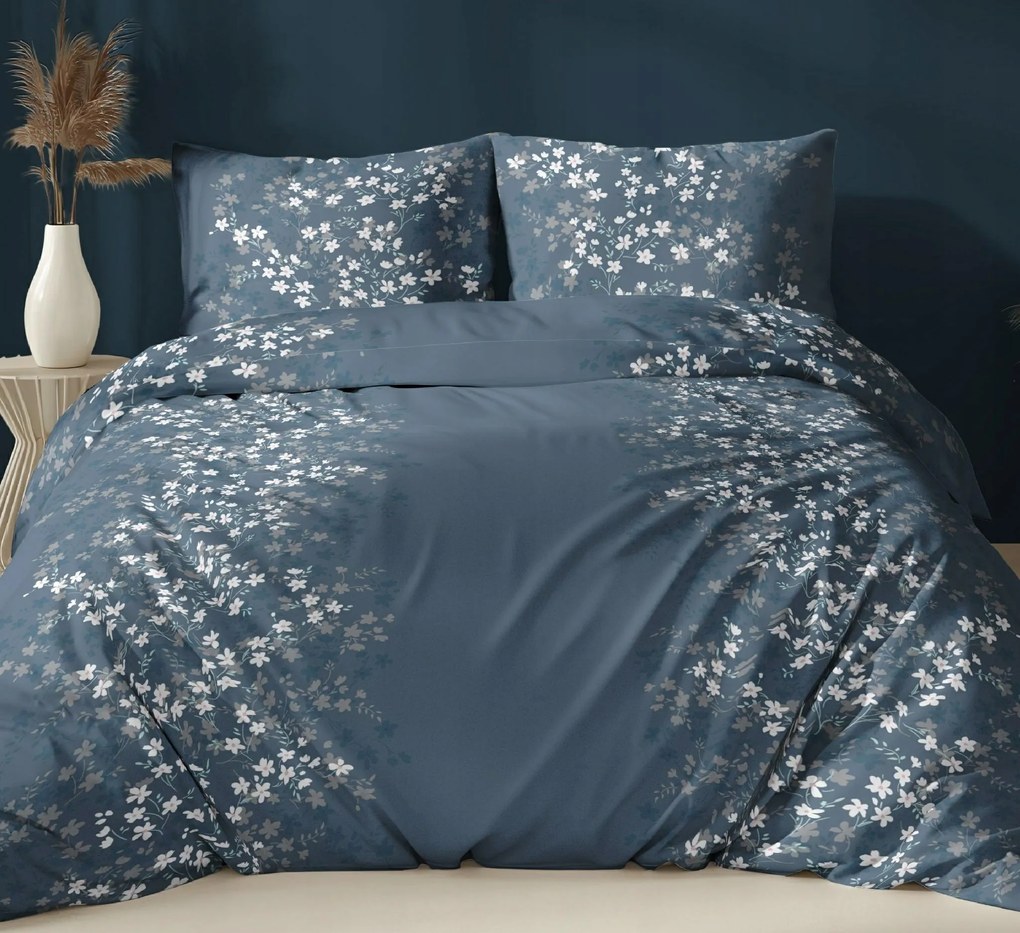 Szatén ágyneműhuzat 140x200 sötétkék virágos cipzáras Karo szatén