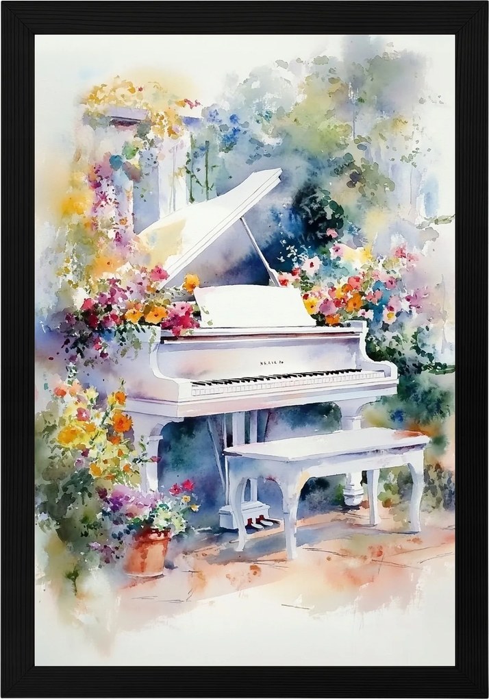 Poszter Keret Fa Akvarell Kert Virágok Tavasz Fehér Zongora 40x60