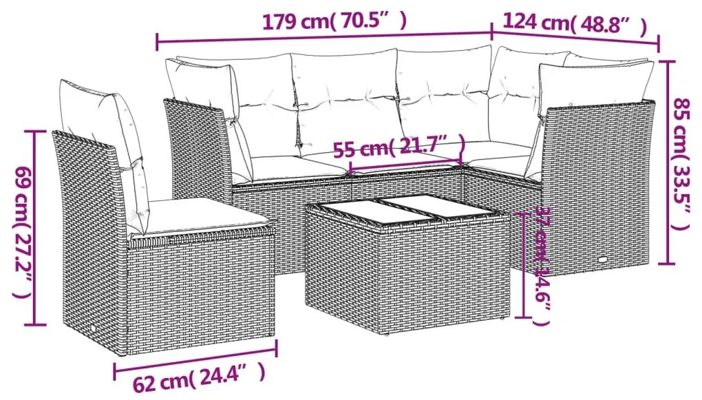 6 részes szürke polyrattan kerti ülőgarnitúra párnákkal