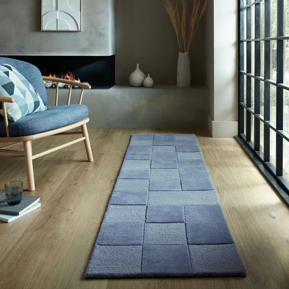 Sötétkék kézi szövésű gyapjú futószőnyeg 60x230 cm Checkerboard – Flair Rugs