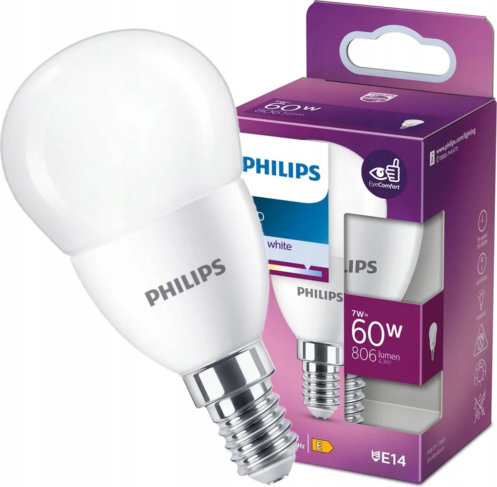 Led izzó Kis Golyó E14 P48 7W 60W 806lm 4000K Semleges Fehér Philips