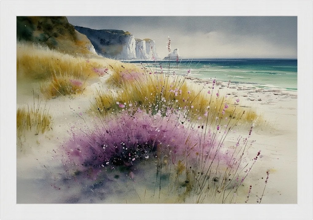 Poszter Keret Fa Tájkép Anglia Tenger Tengerpart Dover Sziklák Virágok 60x40