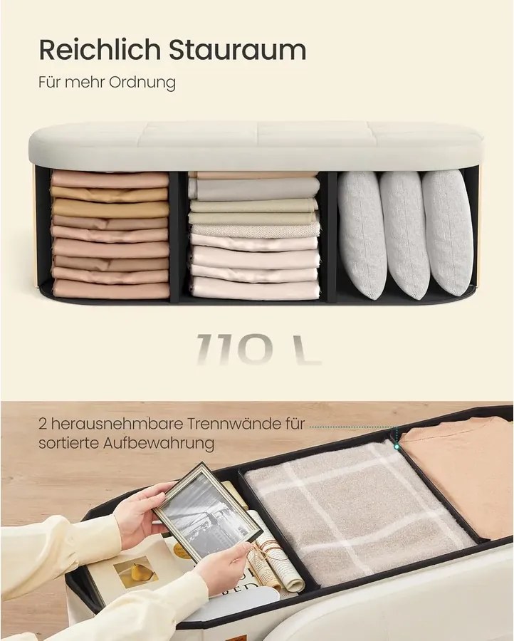 SONGMICS ülőpad tárolóval, tárolódoboz, 38 x 110 x 38 cm, krémfehér