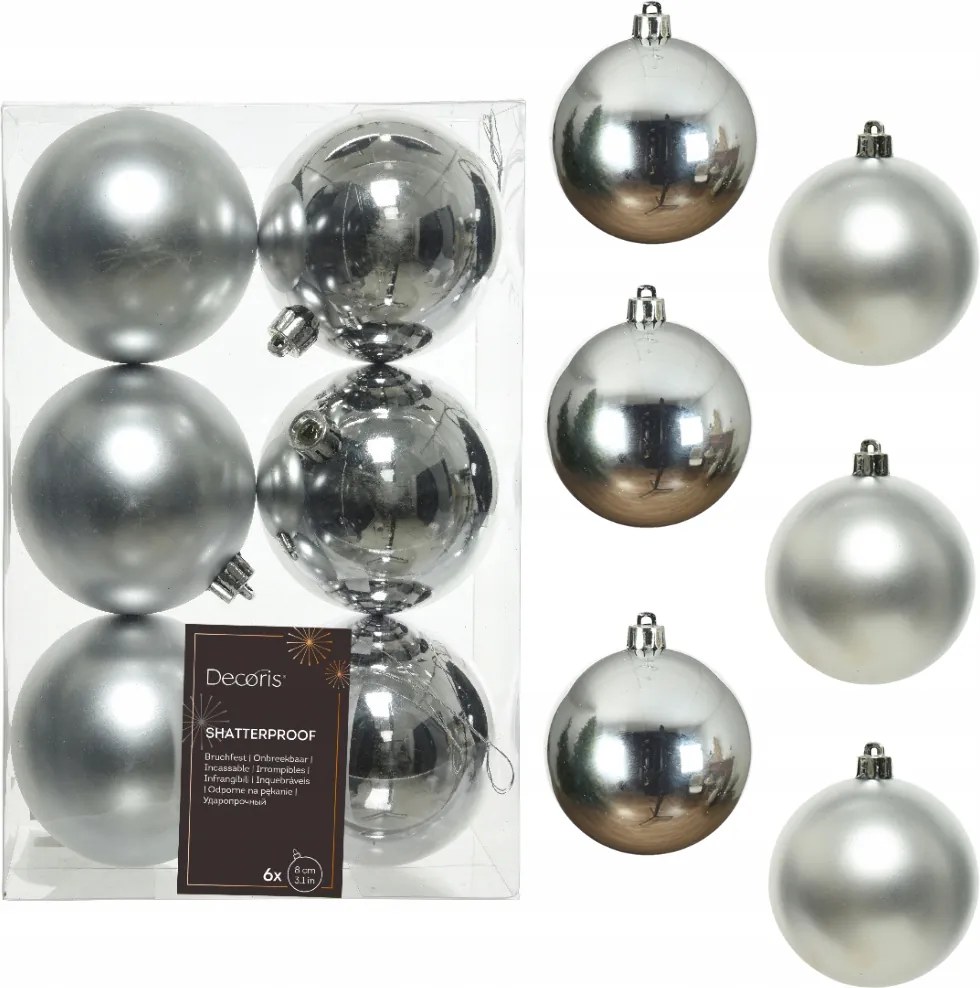 Műanyag karácsonyfadísz fényes matt x6 Ezüst karácsonyfadísz