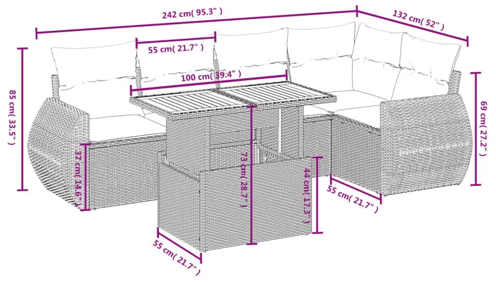 6 részes fekete polyrattan kerti ülőgarnitúra párnákkal