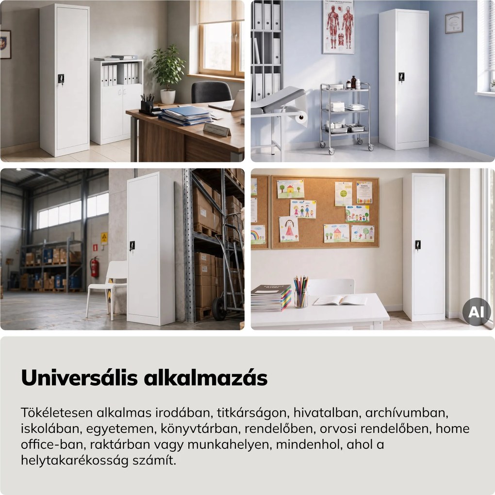 Kartoték irattároló szekrény kulcsra zárható magas fehér, 450x2200x400 mm: ALEX H2200