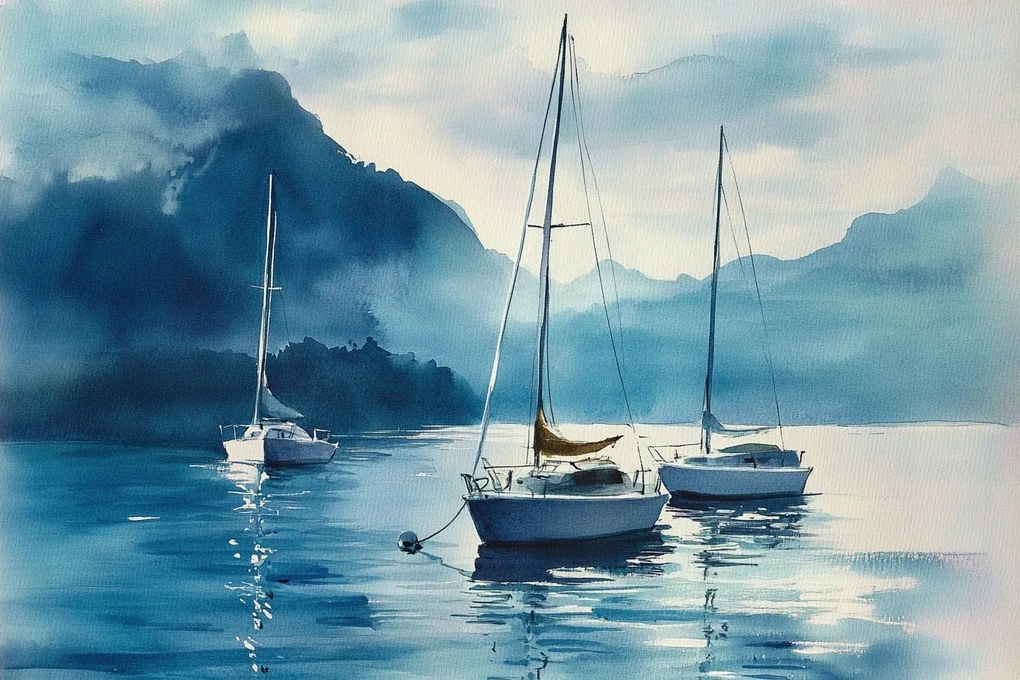 Vászonkép Canvas Tájkép Víz Öböl Hegyek Hajó Yacht Vitorlás 60x40