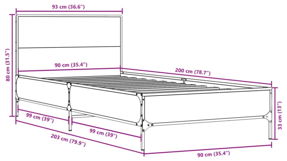 füstös tölgyszínű szerelt fa és fém ágykeret 90 x 200 cm