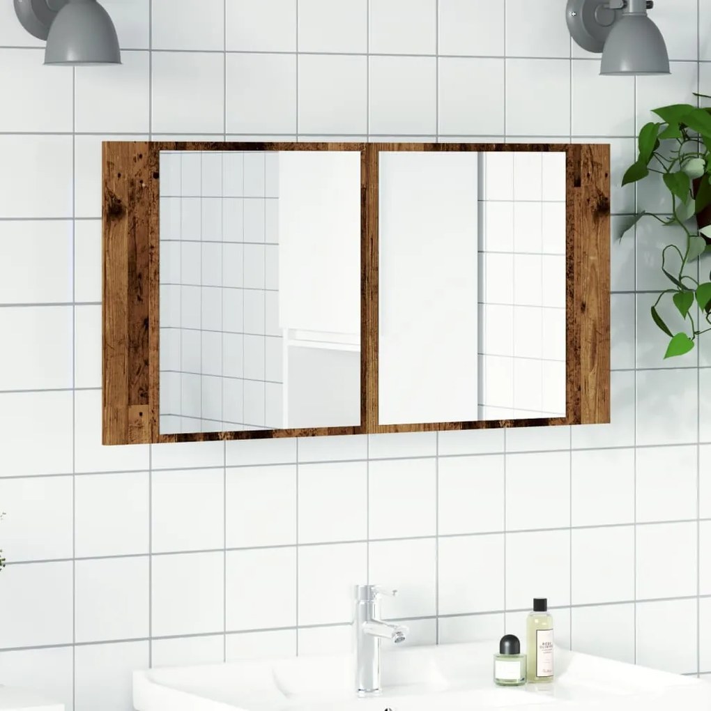 antik fa színű szerelt fa tükrösszekrény LED-del 90x12x45 cm