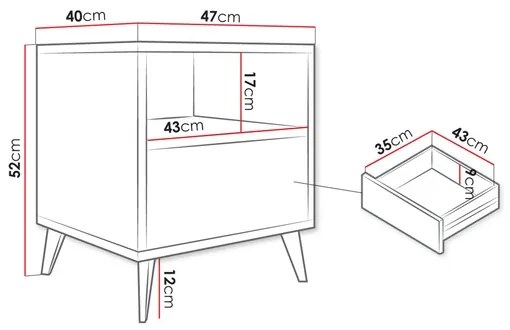 Éjjeliszekrény OVESSI 52x47 cm fekete/tölgy artisan