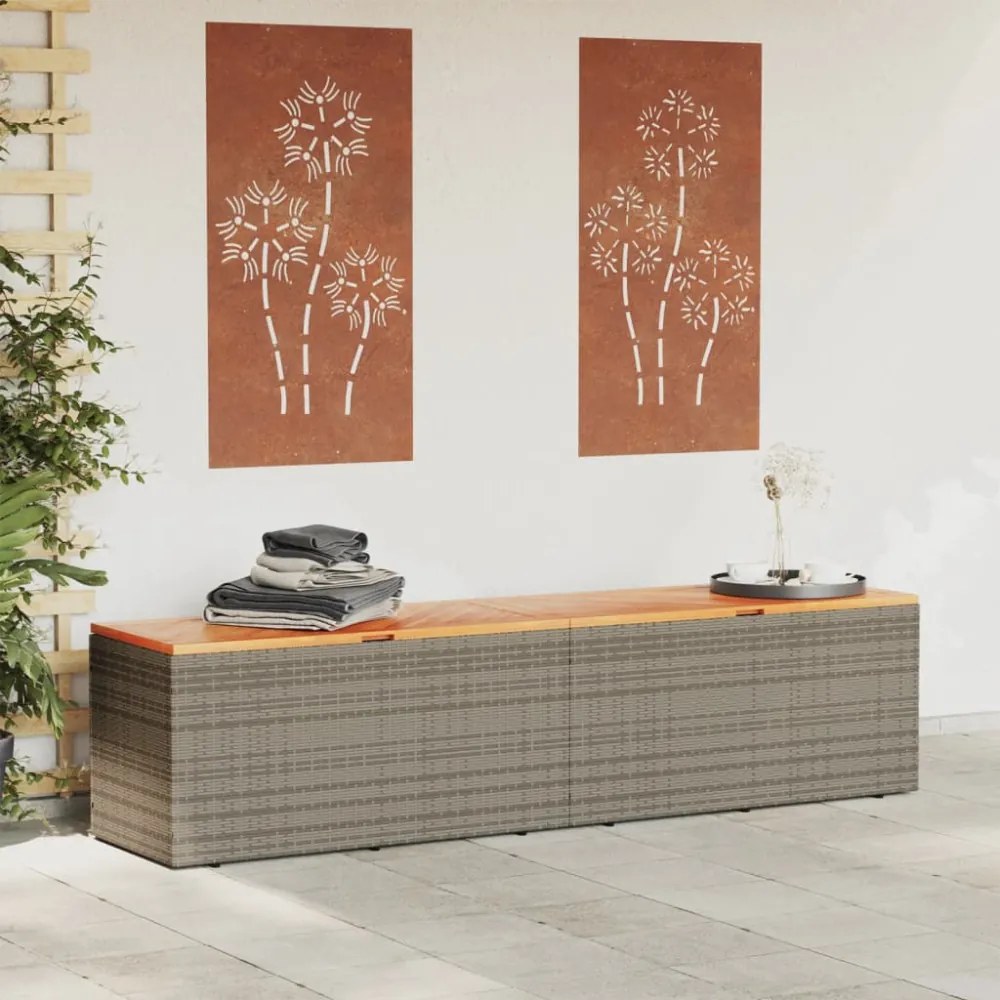 szürke polyrattan és akácfa kerti tárolóláda 220 x 50 x 54 cm