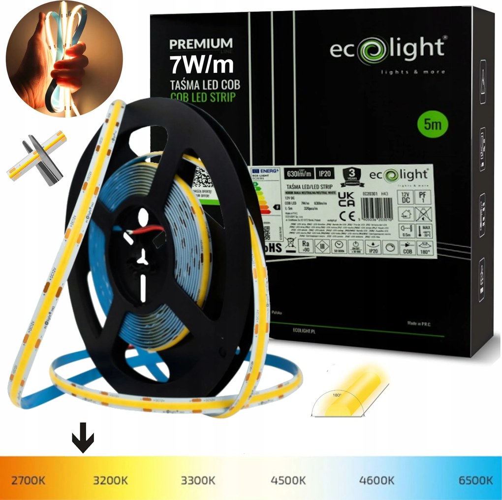 Cob Led Szalag Professzionális 7W/m 12V Meleg Fehér 3000K Neon 630lm/m IP20