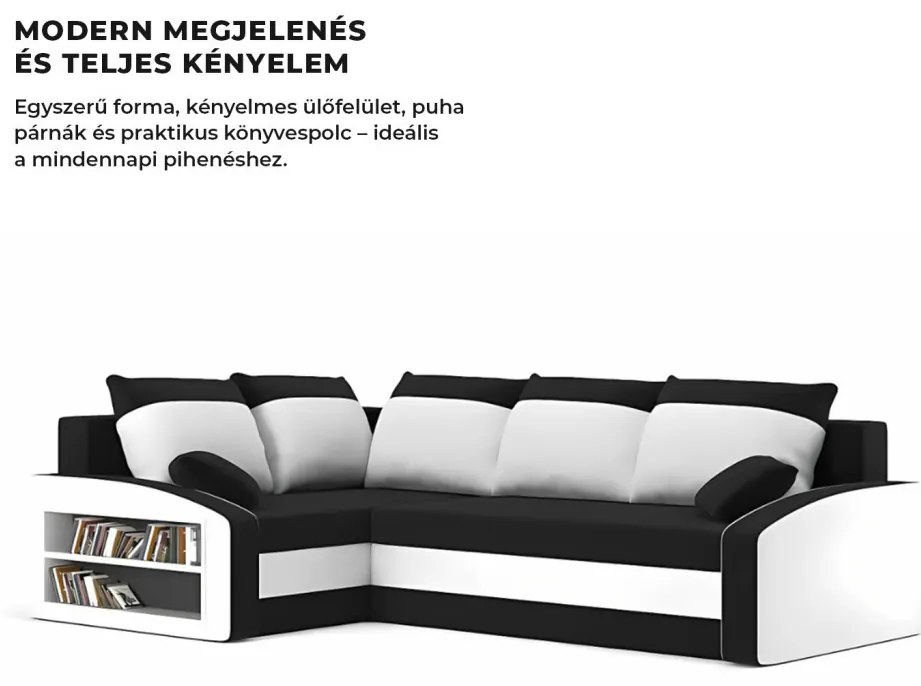 Grande sarokkanapé polcokkal , polc a bal karfaban, baloldali, szövet anyag, hab töltet, fekete - fehér