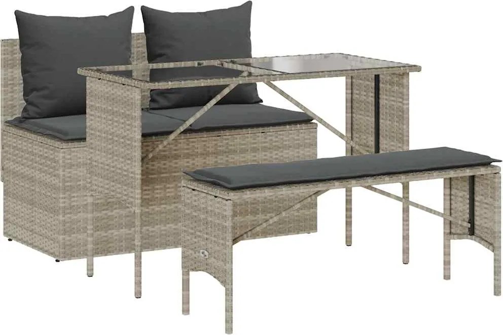 vidaXL 3részes világosszürke polyrattan kerti étkezőgarnitúra párnával