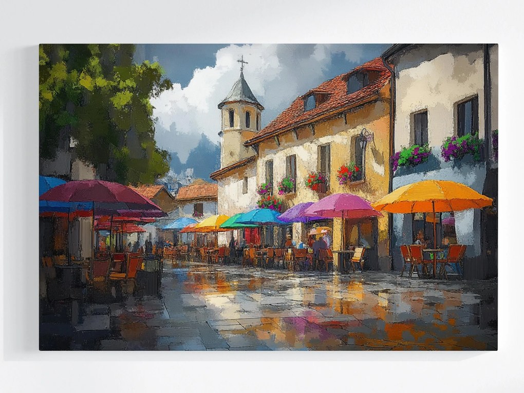 Vászonkép Canvas Város Tér Utca Kávézók Napernyők Templom 60x40