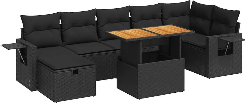 vidaXL 5 részes fekete polyrattan akácfa kerti kanapészett párnákkal