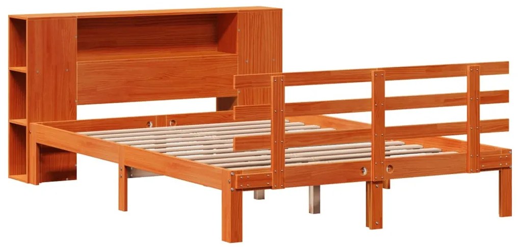 barna tömör fenyőfa könyvespolcos ágy matrac nélkül 140 x 200cm