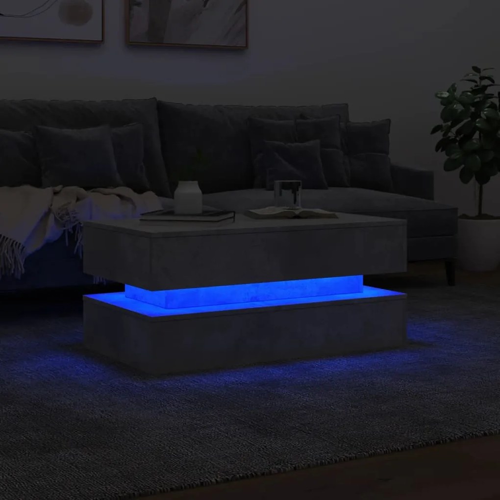 betonszürke dohányzóasztal LED-lámpákkal 90x50x40 cm