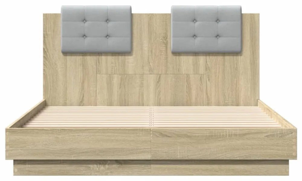 sonoma tölgy színű ágykeret fejtámlával és LED-ekkel 135x190 cm