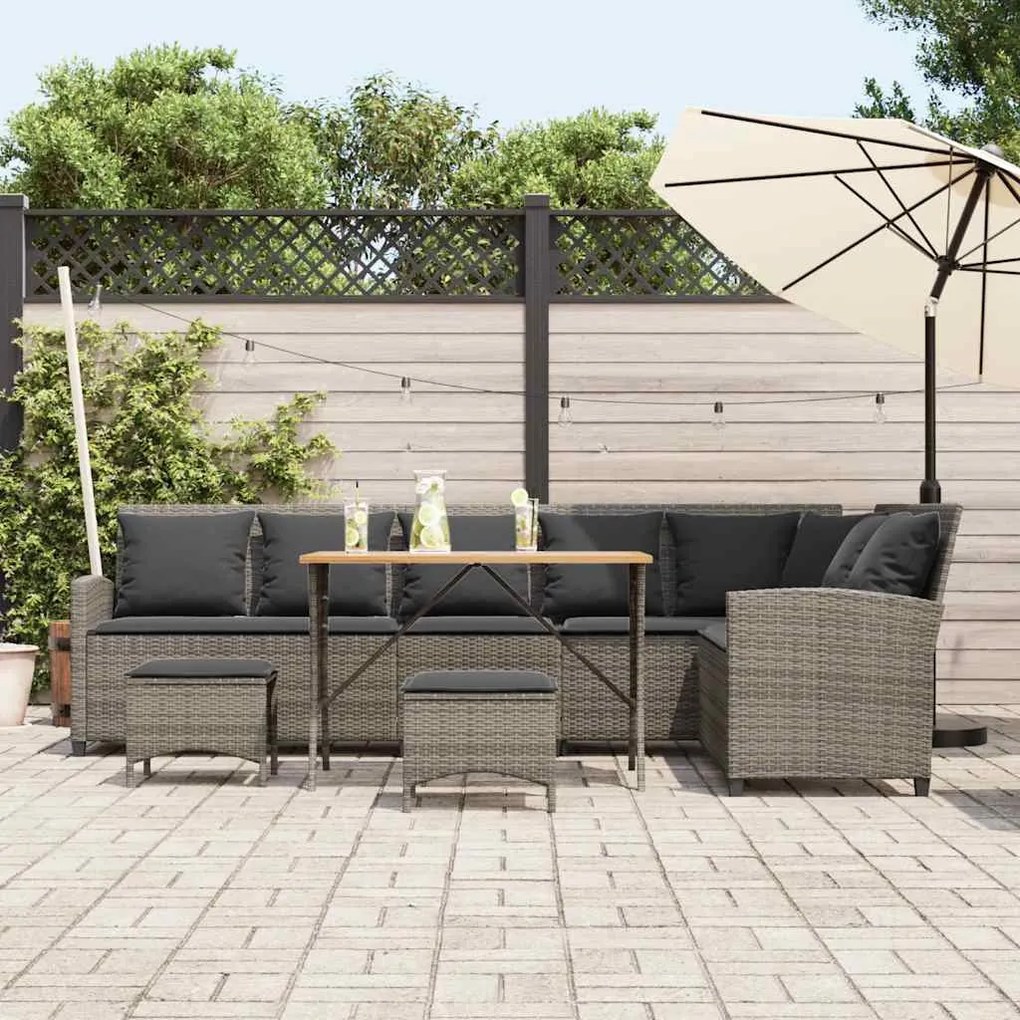 4 részes szürke polyrattan kerti ülőgarnitúra párnákkal L-alakú