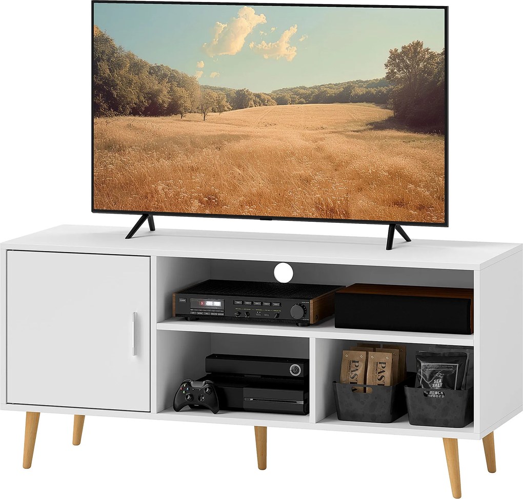 HOMCOM TV Állvány 60"-ig: Modern TV Asztal 1 Szekrénnyel és 3 Nyitott Rekesszel 120x40x55 cm Fehér | Aosom