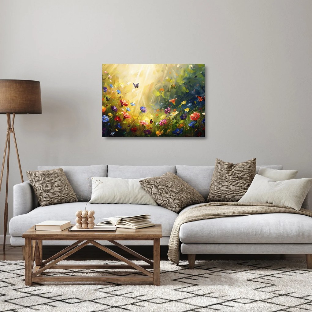 Üveg kép - Tavaszi virágos rét, festmény (70x50 cm)