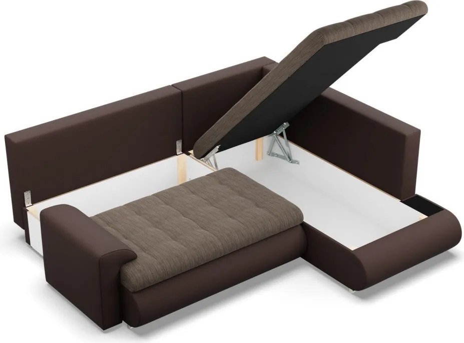 Tokio sarokkanapé, L alakú háttámlával, 2 ágyneműtartóval, fonott + műbőr, jobboldali, barna