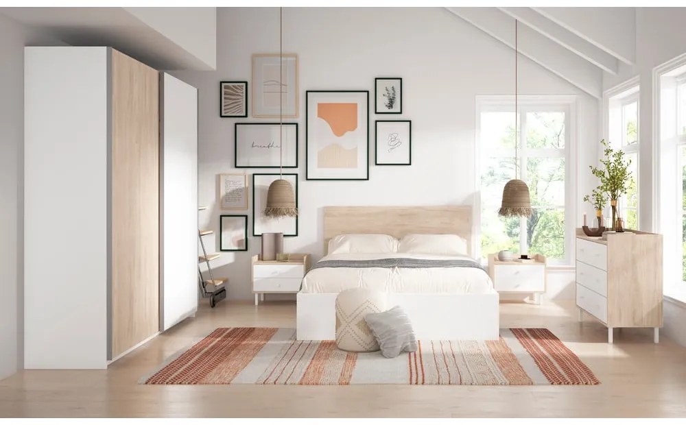 Fehér-natúr színű franciaágy tölgyfa dekorral, tárolóhellyel 140x190 cm Sahara – Marckeric