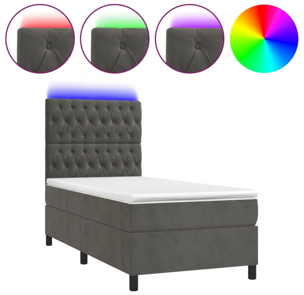 sötétszürke bársony rugós és LED-es ágy matraccal 90x200 cm