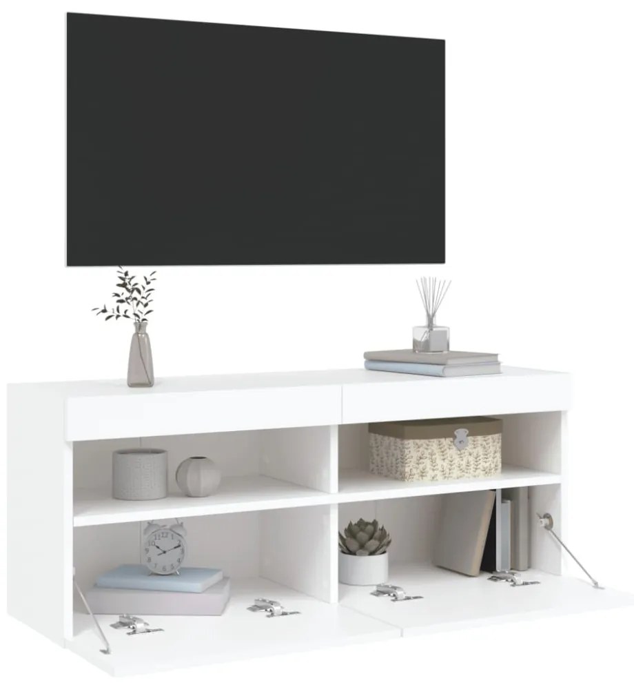 fehér falra szerelhető TV-szekrény LED-lámpákkal 100x30x40 cm