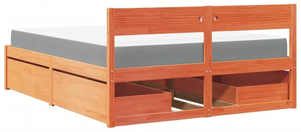 viaszbarna tömör fenyőfa ágy fiókokkal és matraccal 160x200 cm