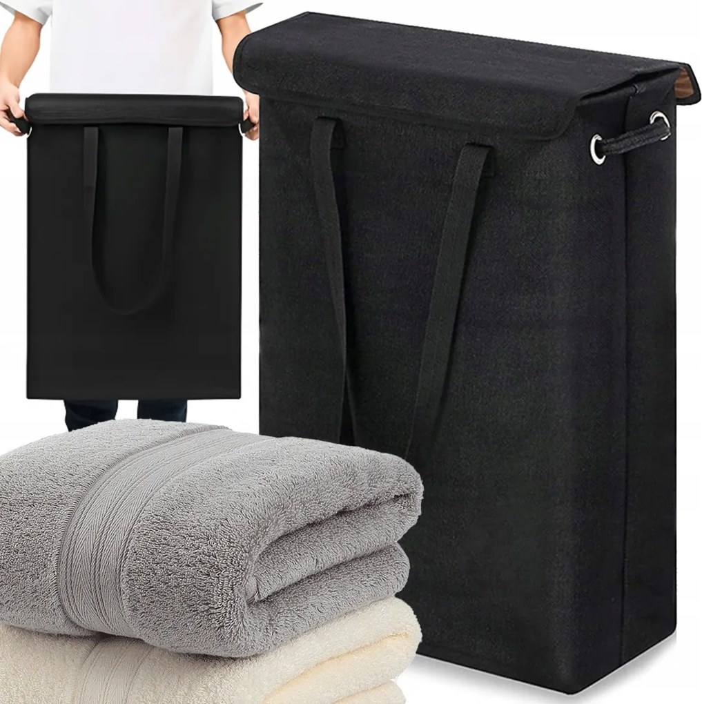 Fedél Tároló Fogantyúkkal Fekete 45 L Keskeny Szennyestartó Kosár