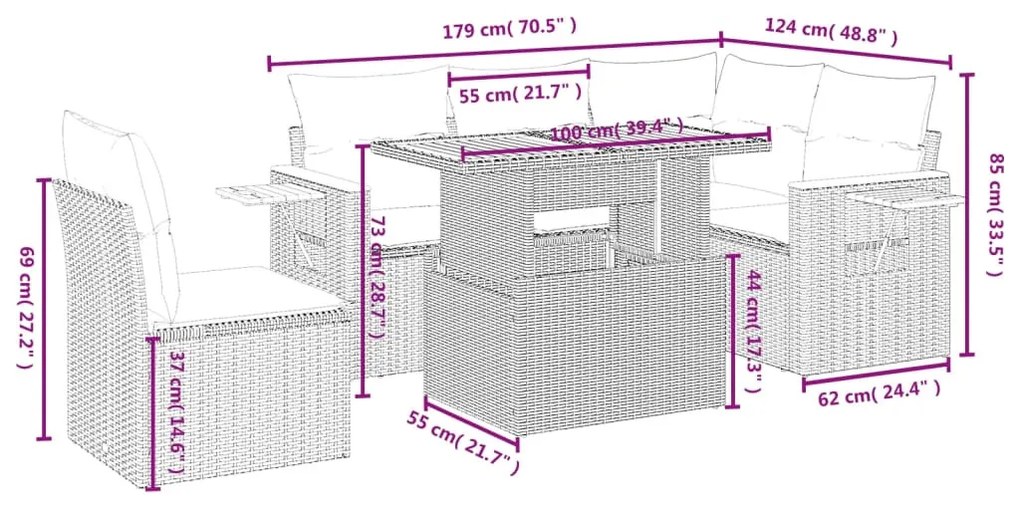 6 részes bézs polyrattan kerti ülőgarnitúra párnával