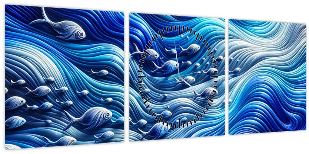 Kép – Halak a hullámokban (órával) (90x30 cm)