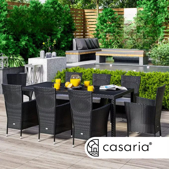 Casaria® Berlin WPC 1+8 polyrattan kerti bútor szett - fekete