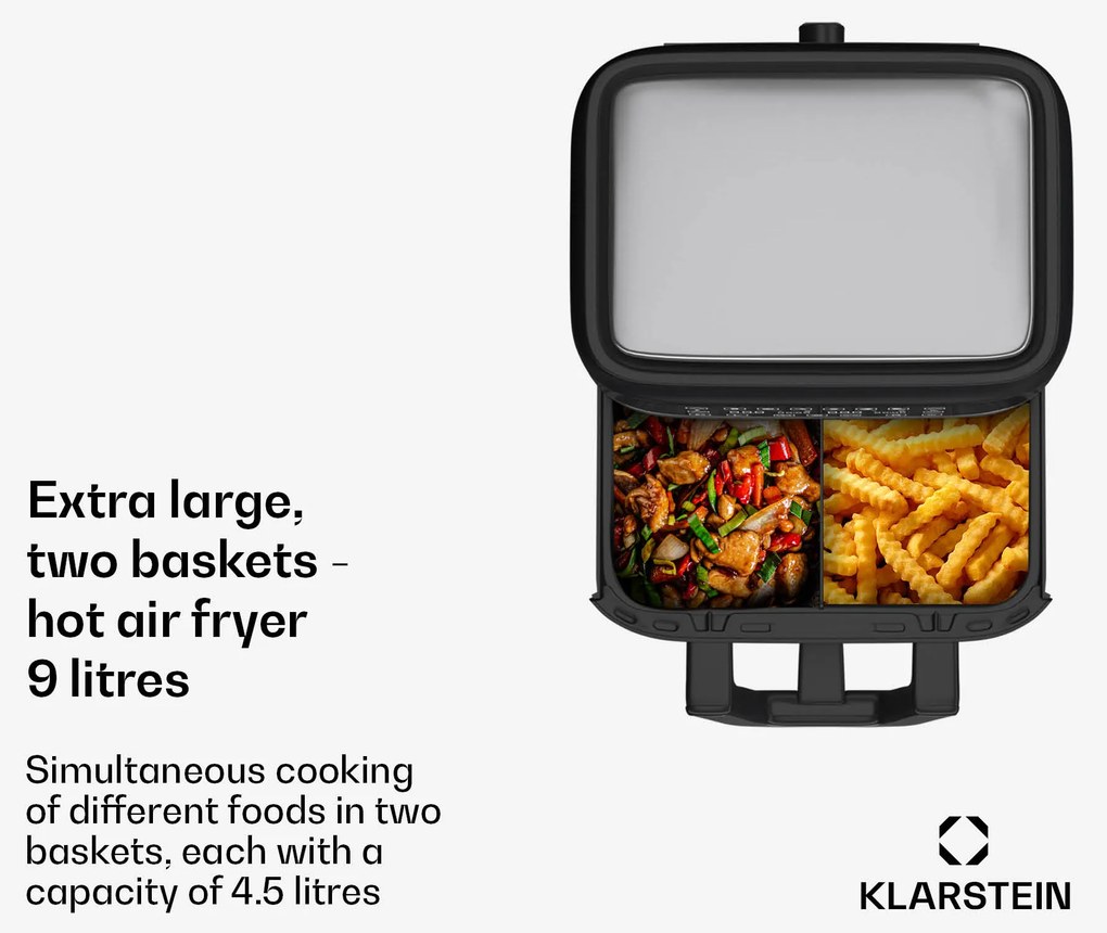 Klarstein VitaFry Duo Elegance, forrólevegős fritőz, 2850 W, 9 l, 2 főzőzóna, 6 program
