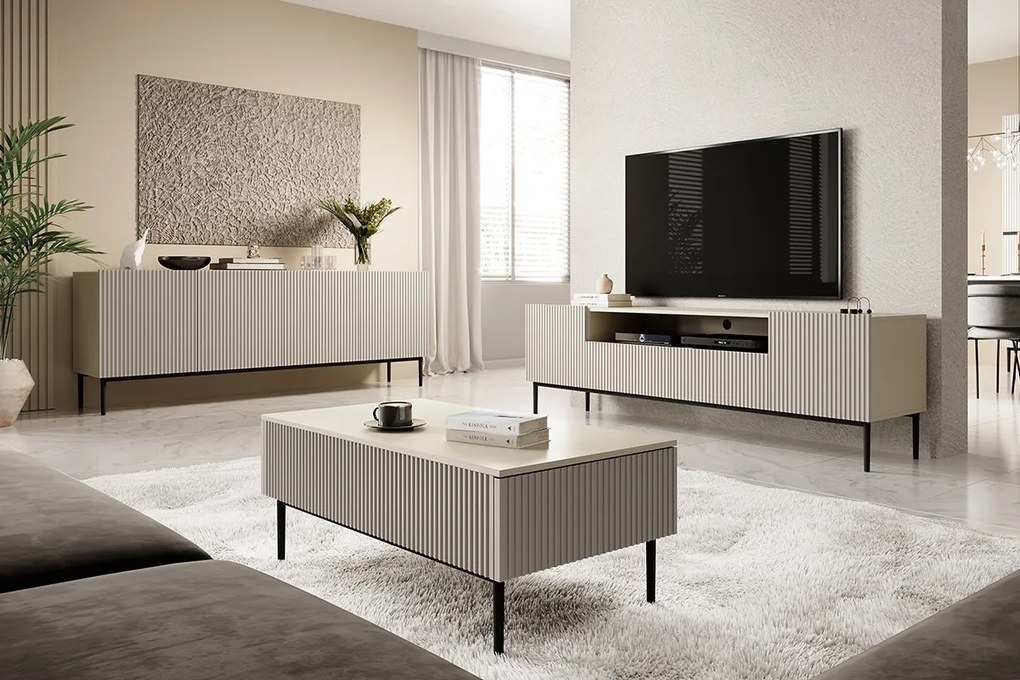 Nicole komód 200 cm négyajtós, bordázott előlap - kasmír / fekete lábak