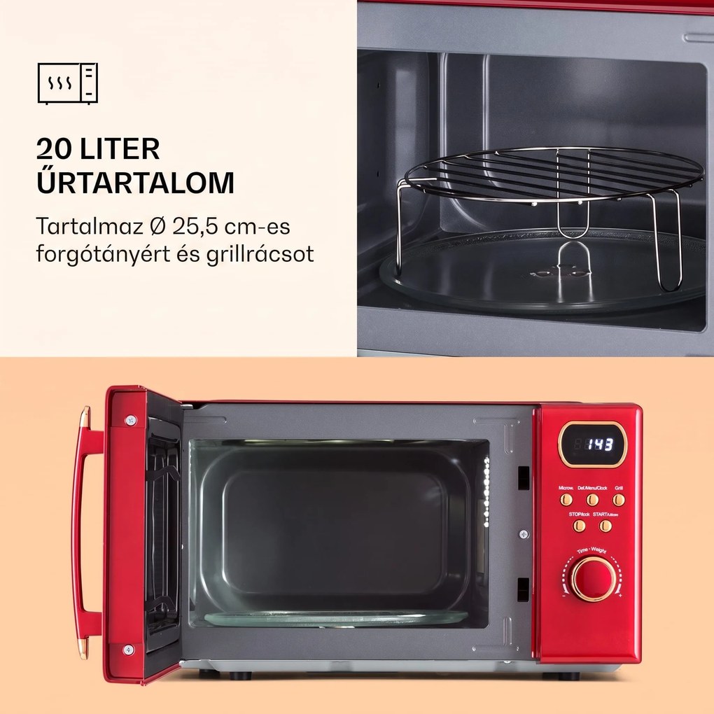 Klarstein Julieta, mikrohullámú sütő grillel, 20 l, 700 / 800 W, Ø 25,5 cm, 8 program