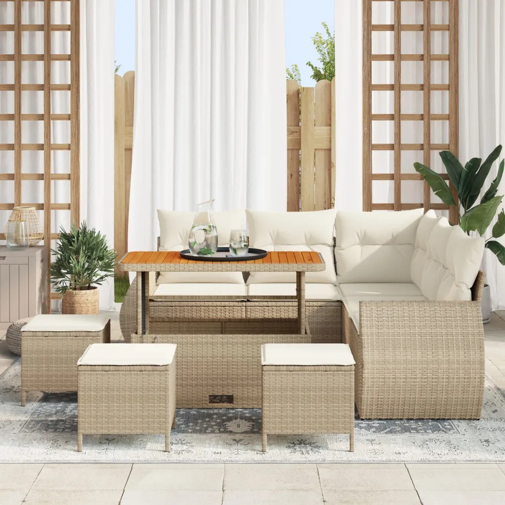 9 Részes Kert Sofa Szett Párnákkal Bézs Poli Rattan Akác